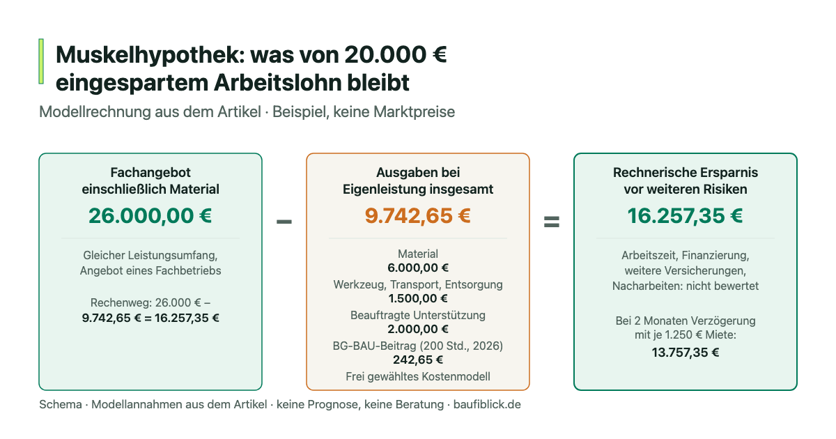 Schema zur Muskelhypothek: Fachangebot 26.000 € minus Ausgaben bei Eigenleistung 9.742,65 € ergibt rechnerisch 16.257,35 € Ersparnis im Modell